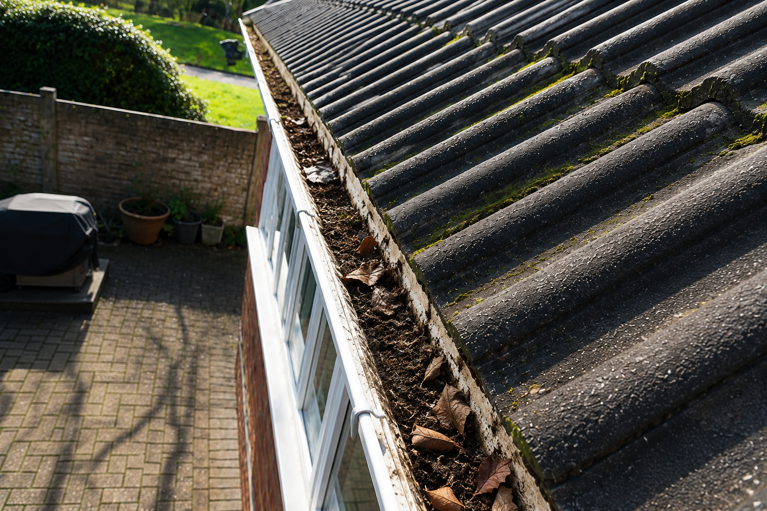 Blocked gutter before cleaning in Birmingham — compacted silt, leaves and debris filling the channel